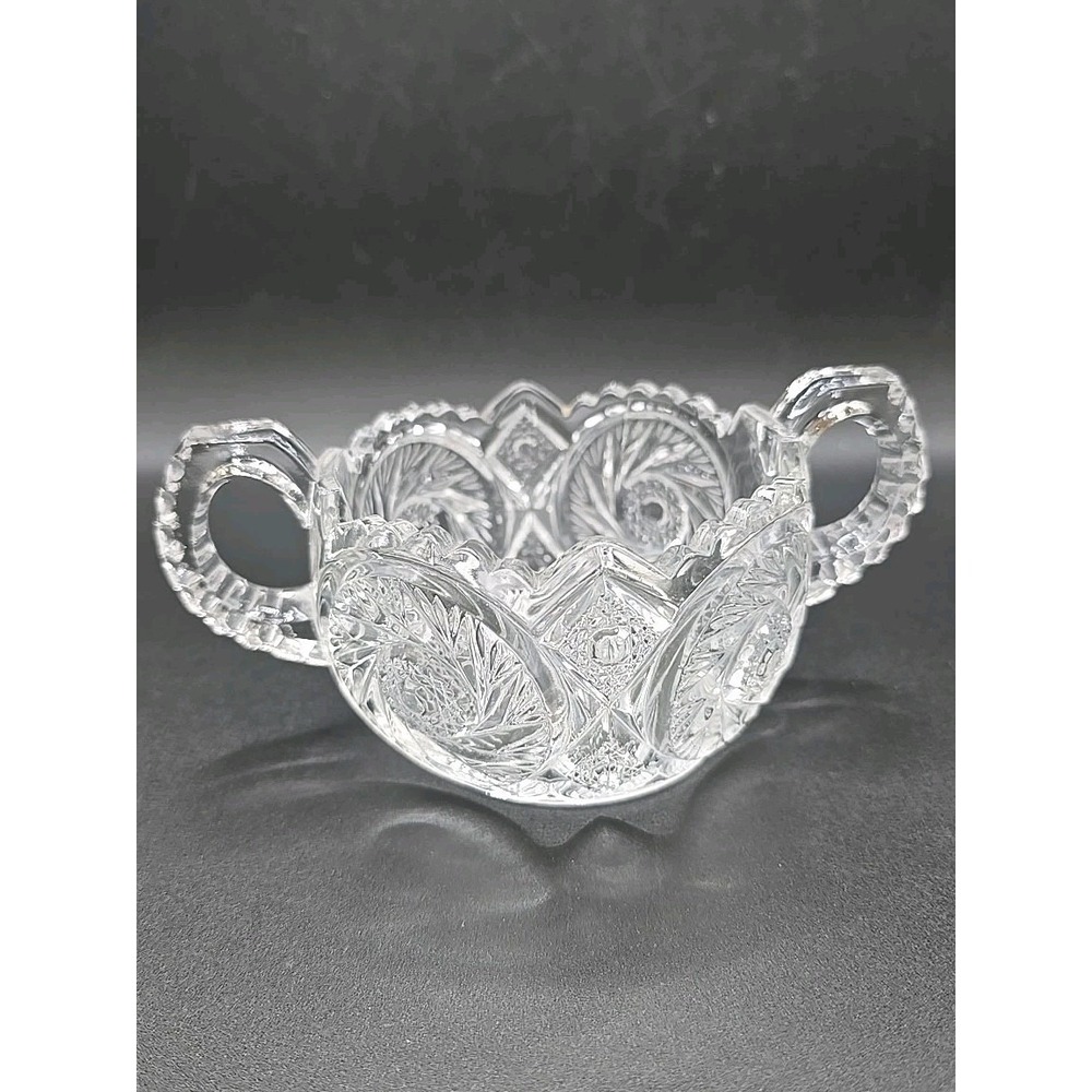 Vintage ABP American Brilliant Cut Glass Sugar Bowl Saw Tooth Handles Hobstar